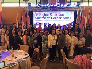 Dr. Doracie B. Zoleta-Nantes and Prof. Dina L. Lim pose with the other delegates of the 4th Higher Education Summit on Gender Issues at PICC Plenary Hall