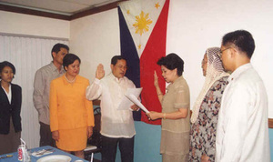 Re-appointment of Dr. Benny A. Palma as president of ASCOT from August 9, 2000 to August 8, 2004 held at the Cafe Med Restaurant, Mandaluyong City, August 10, 2000. In picture are Rep. Angara-Castillo, Hon. Hadja Roqaiya VR. Maglangit, Hon. Allan Jose J. Villarante, Dir. Mary Ann P. Sayoc, Dir. Oskar D. Balbastro, and Carol Joy L. Palma.