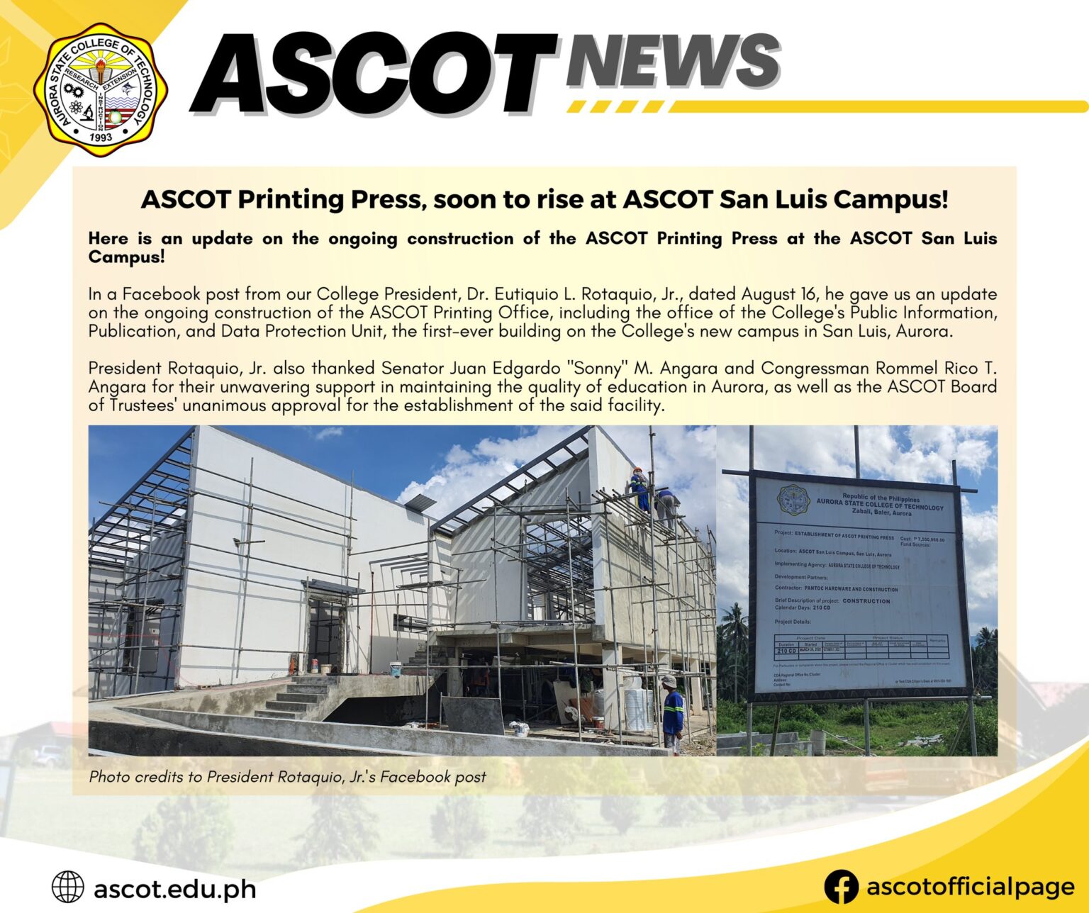 ASCOT Update Ongoing Construction of the ASCOT Printing Press at the